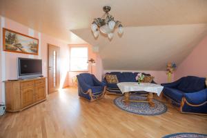 a living room with blue couches and a tv at Agroturystyka nad Jeziorem Gaładuś in Dusznica