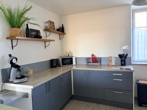 Maison pittoresque et cozy في Bonnat: مطبخ مع دواليب زرقاء وقمة كونتر