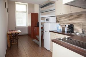 eine Küche mit einer Spüle und einem weißen Kühlschrank in der Unterkunft Cute Downtown Studios in Budapest