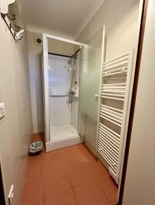 a bathroom with a shower with a glass door at les chaussons d'arlequine in Dompierre-sur-Besbre