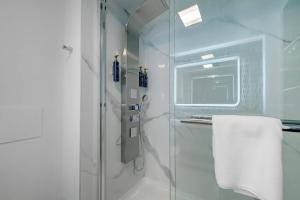 a bathroom with a shower with a glass door at Blue - A Modern Hotel, an Ascend Collection Hotel in West Springfield +25 photos