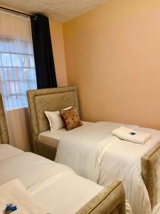 a room with two beds and a chair and a window at Fibi Embu Apartments in Embu