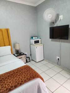 a bedroom with a bed and a tv on the wall at Ogans guest villa 20 Johan Meyer St, Linmeyer, Johannesburg in Johannesburg