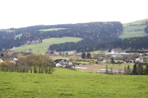 a green field with houses and trees in the distance at Lavanttalbahn Suite in Mauterndorf