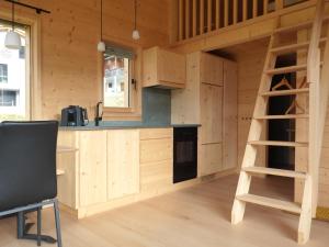 SomvixにあるFerienhäuser Stiva Pintgaの木製のキャビネットとはしごを備えたキャビンキッチン