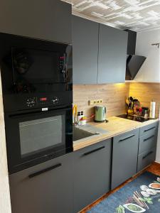 a kitchen with a black microwave and a sink at Chata Rožany in Šluknov
