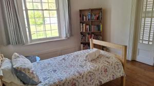 a bedroom with a bed and a book shelf at Karoo Sunset Villa in Richmond