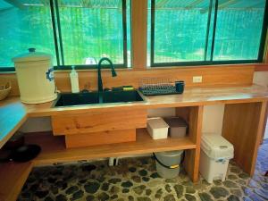 um balcão de cozinha com uma pia e uma janela em Dome #1 em Rivas