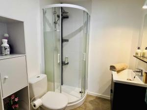 Un baño con ducha, inodoro y lavabo. en la bulle d'Edward gare jardin centre, en Angulema