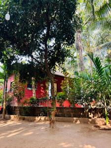 a red house with a tree in front of it at Savali farm stay in Parchuri +21 photos