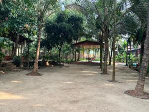 a park with palm trees and a gazebo at Savali farm stay in Parchuri