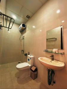 a bathroom with a sink and a toilet and a mirror at Dalat Peace Backpackers Hostel in Da Lat