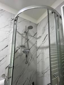 a bathroom with a shower with a glass door at Central and Spacious Apartment with All Amenities in Nitra +7 photos