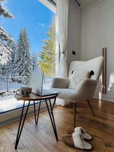 a living room with a chair and a laptop on a table at PineTree Jahorina in Jahorina