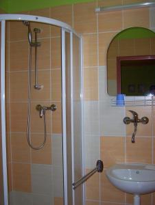 a bathroom with a shower and a sink at Penzión Šindléry 533 in Partizánska ľupča