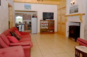 a living room with two red couches and a fireplace at Cottage 216 - Roundstone in Roundstone