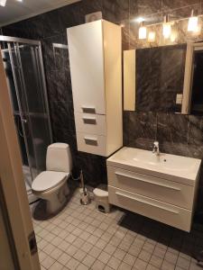 Un baño con inodoro, lavabo y ducha. en Apartament 2, en Havøysund
