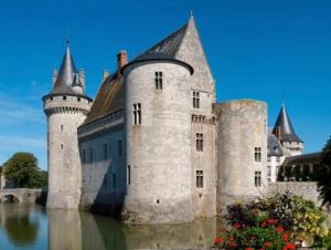 a castle in the middle of a body of water at Gîte Le Studio 7 in Sully-sur-Loire