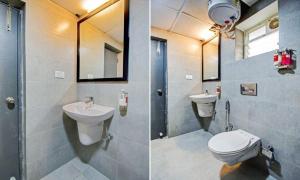 twee foto's van een badkamer met toilet en wastafel bij Townhouse Madhyamgram Chowmatha Bus Terminal Kolkata Formerly Star Guest House in Dohāri