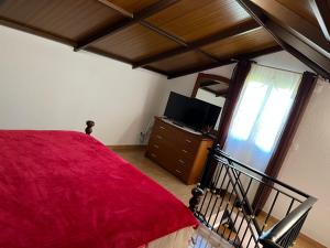 a bedroom with a red bed and a television at Vista Clara in Ponta do Sol