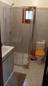 a bathroom with a shower and a toilet and a sink at Casa Do Sino II in Arcos de Valdevez