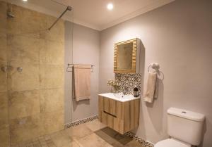 a bathroom with a shower and a toilet and a sink at LIMA HOUSE, Seaforth, Simon's Town in Simonʼs Town