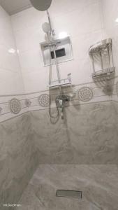 a bathroom with a shower with a light on the ceiling at "Sofia" Guest House-Hostel in Samarkand