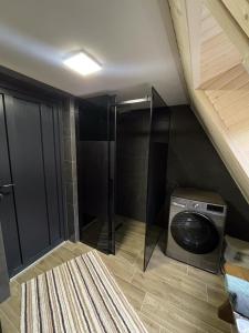 a bathroom with a shower and a washing machine at Дім у Карпатах in Rechka +24 photos