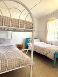 a bedroom with two bunk beds and a window at Marlins Beach Shack Broulee in Broulee
