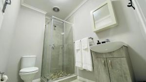 a bathroom with a shower and a sink and a toilet at Sun-Ash Sea Gardens in Port Shepstone