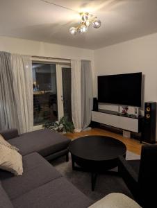 Una sala de estar con un sofá y un televisor de pantalla plana. en modern apartment close to the airport, en Tromsø