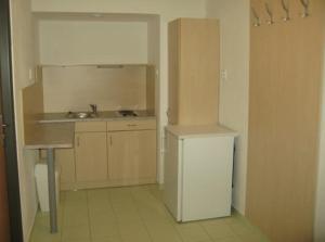 a kitchen with a sink and a refrigerator in a room at Uninova Hostel in Bratislava