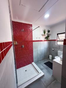 a bathroom with a shower with red tile at Dung Beetle Bush Villa in Marloth Park