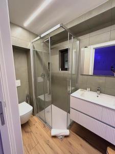 a bathroom with a shower and a sink and a toilet at Claustro Segreto - ALTAMURA in Altamura