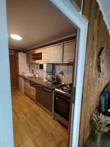 eine Küche mit Holzschränken und einem Herd mit Backofen in der Unterkunft GreenHeart-Măguri in Măguri-Răcătău + 21 Fotos