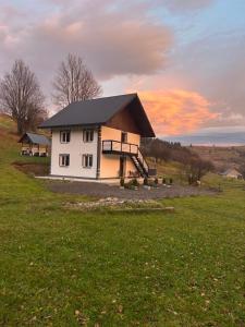 a white house with a black roof in a field at Мелодія Гір in Bukovets +21 photos