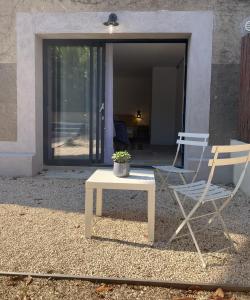 una mesa y una silla y una planta en maceta en Studio neuf dans un écrin de verdure, en Charbonnières-les-Bains