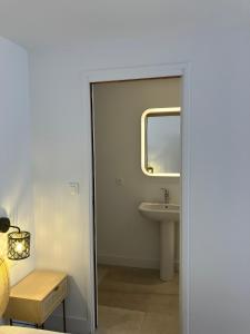 un baño con lavabo y espejo en Studio neuf dans un écrin de verdure, en Charbonnières-les-Bains 6 fotos más