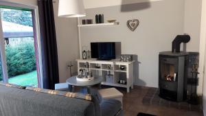 a living room with a couch and a fireplace at Ferienwohnung am Malchiner See mit Boot und Kanu in Seedorf