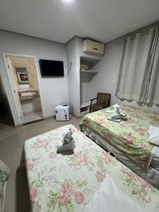 a hotel room with two beds and a tv at Alzira Plaza Hotel in São Lourenço