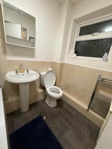 a bathroom with a toilet and a sink and a mirror at A&A Luxury Stay Rosedale - 4 Bed Residence in Sunderland