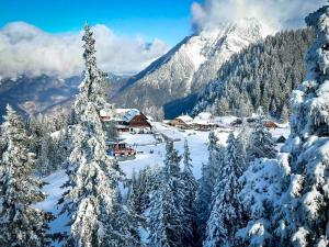a village covered in snow with snow covered trees at Hotel Krvavec in Cerklje na Gorenjskem