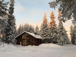 a cabin in the snow with snow covered trees at Immelmökit in Levi
