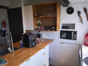 a kitchen with a wooden counter top and a microwave at De WitteZwaan in Harlingen +7 photos