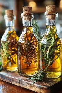 three bottles of essential oils on a wooden tray at villa lalla Ourika & heated pool in Oulad Akkou