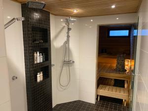 a bathroom with a shower with black tiles and a shower at Lapland Riverside Home in Rovaniemi