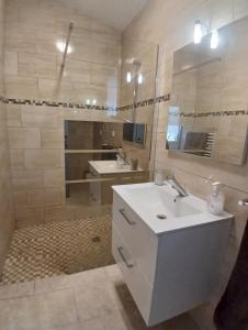 een badkamer met een witte wastafel en een spiegel bij Petite Maison dans le Gers 32 in Mouchan +16 foto's