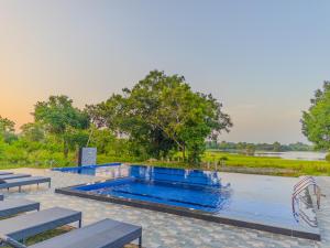 una piscina con bancos y árboles en el fondo en Sigiri Choona Lodge 'unique sunrise viewpoint', en Sigiriya