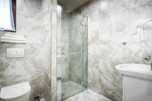 a bathroom with a shower and a toilet and a sink at Penzión u Pavla in Ždiar
