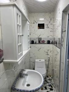 スキクダにあるVilla ziari filflaの洗面台とトイレを備えた白いバスルーム +8枚の写真